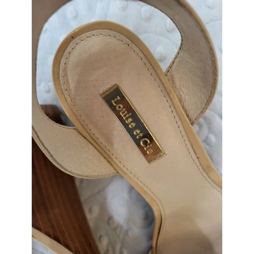 Louise et Cie Punya Nude Patent Leather Wood Wedge Sandals Womens 9.5W EU 41